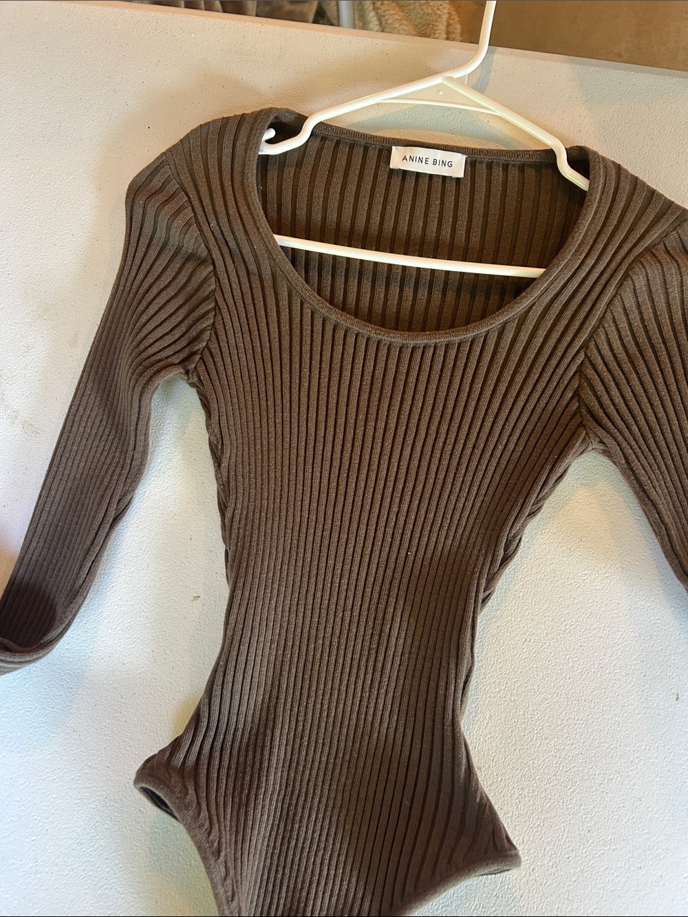Anine Bing Ribbed Scoop Neck Bodysuit - Brown